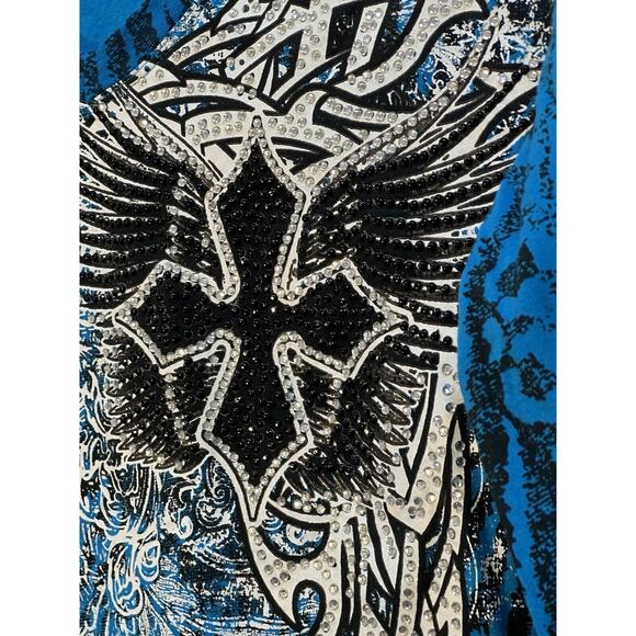 Rock & Roll Cowgirl BlackCross Blue Shirt Beads Graphic Wester 1X - Picture 6 of 12